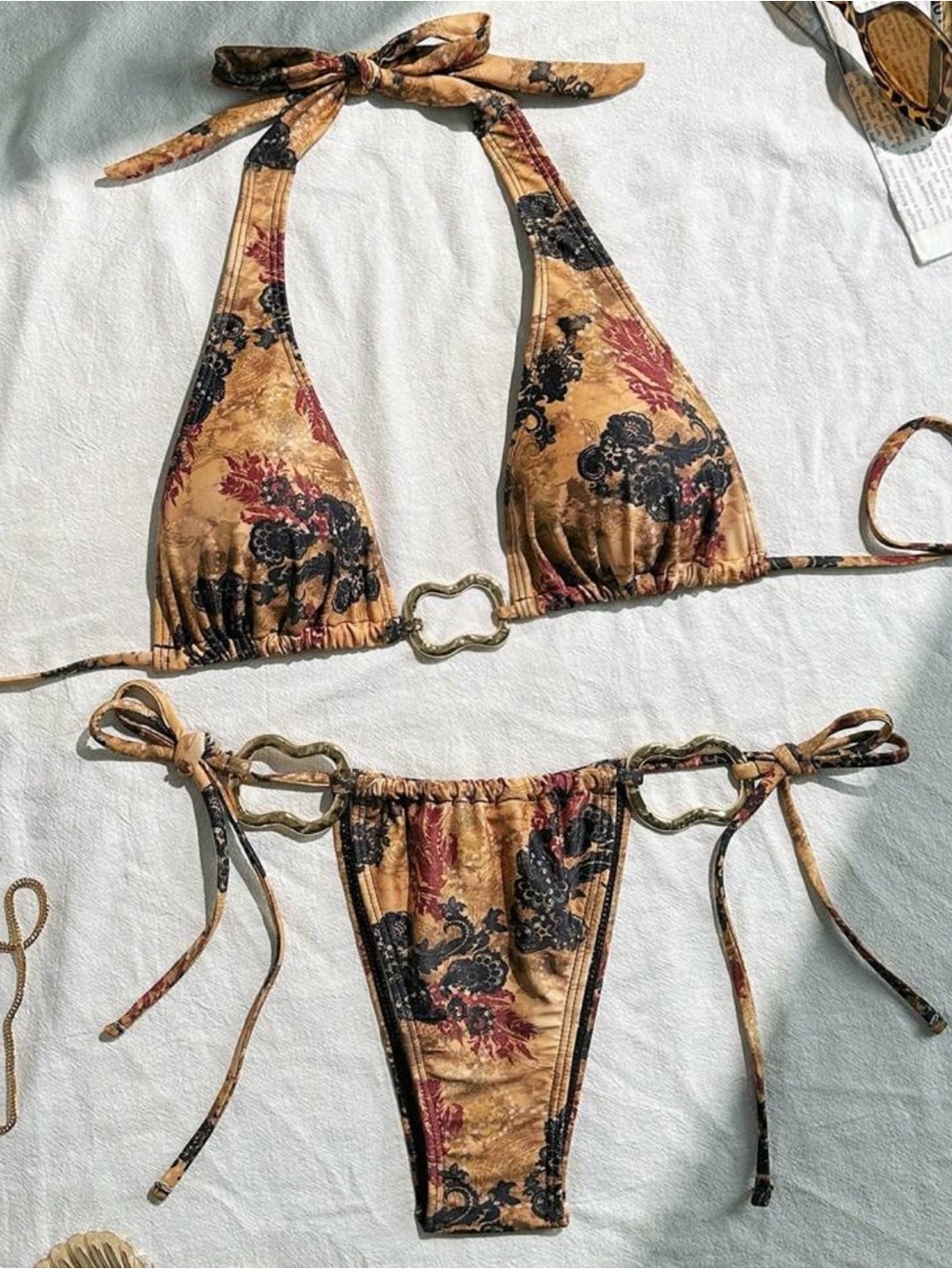 SHEIN Tan Floral Halter Bikini with Black & Burgundy Accents